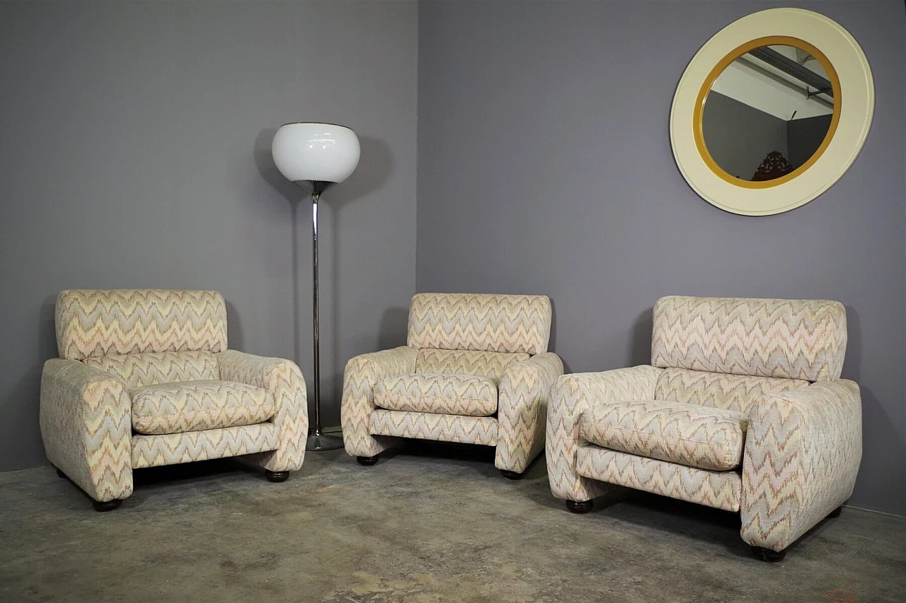 3 Armchairs with Missoni-style fabric and wooden feet, 70s 1394808