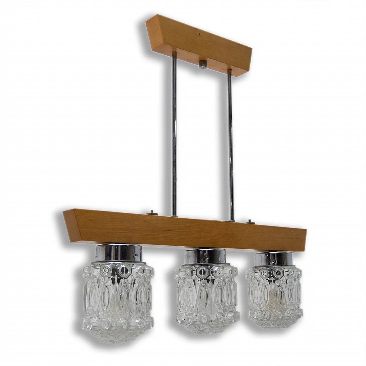 Brutalist style chandelier in wood and glass, 1970s 1394818