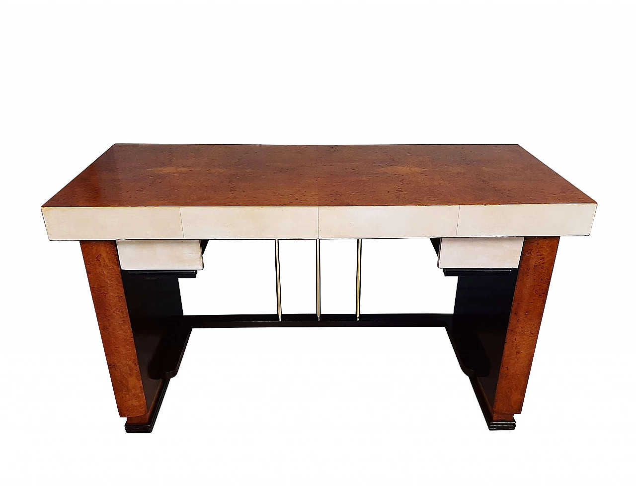 Scrivania Art Deco in radica, palissandro e pergamena, anni '40 1394858