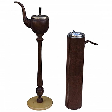 Pair of pipe-shaped ashtrays in metal, leather, marble and wood, 60s
