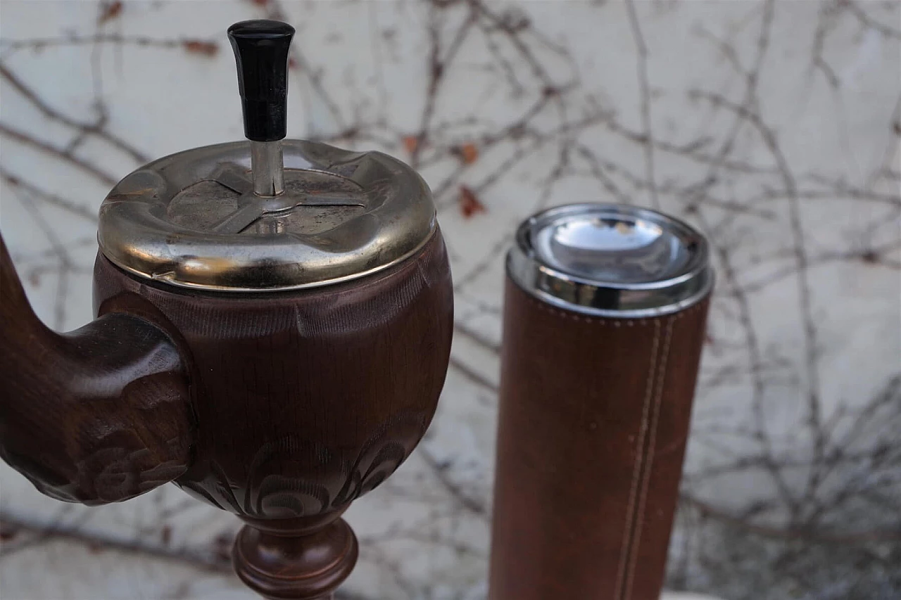 Pair of pipe-shaped ashtrays in metal, leather, marble and wood, 60s 1395104