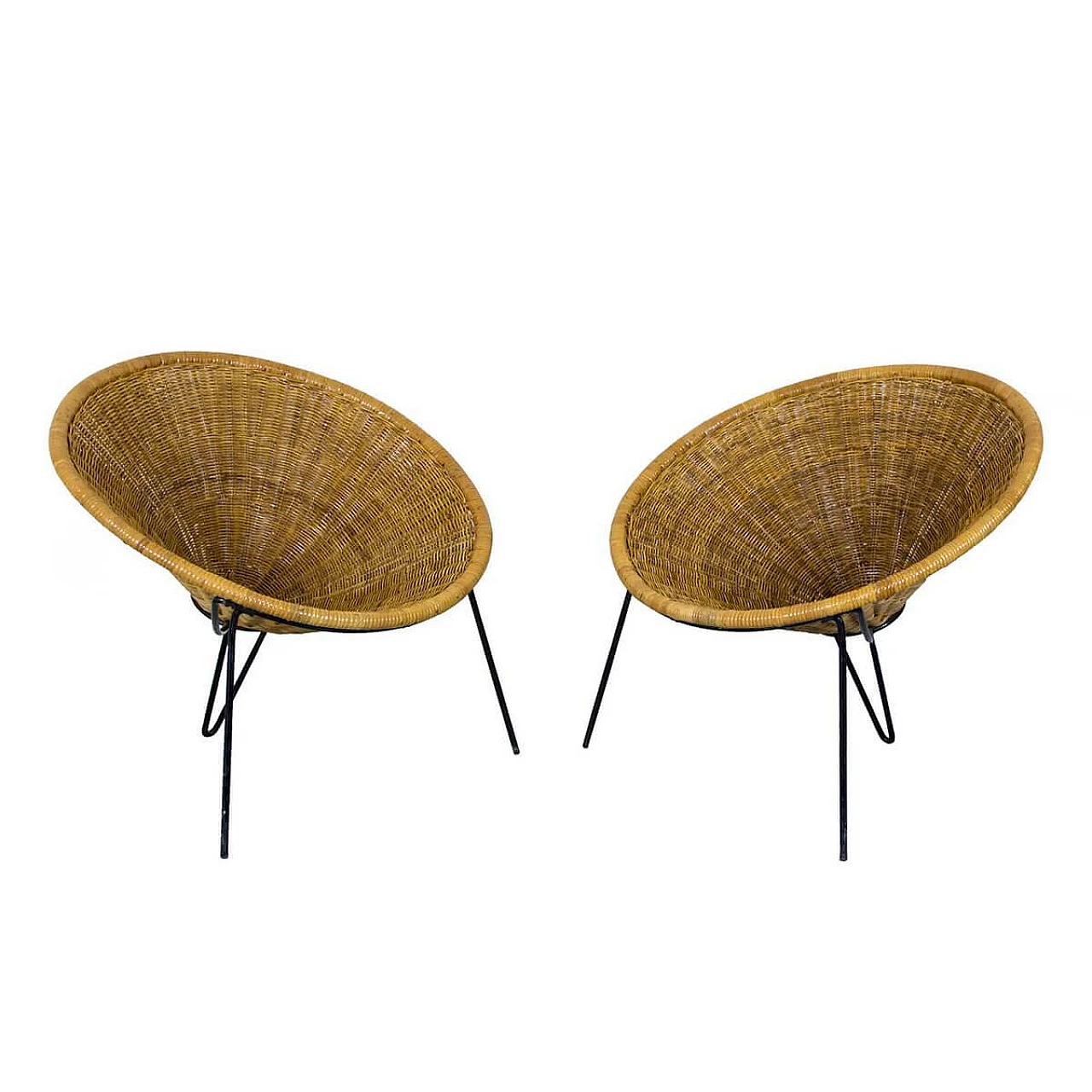 Pair of armchairs in wicker and metal with cushions, 60s 1395179
