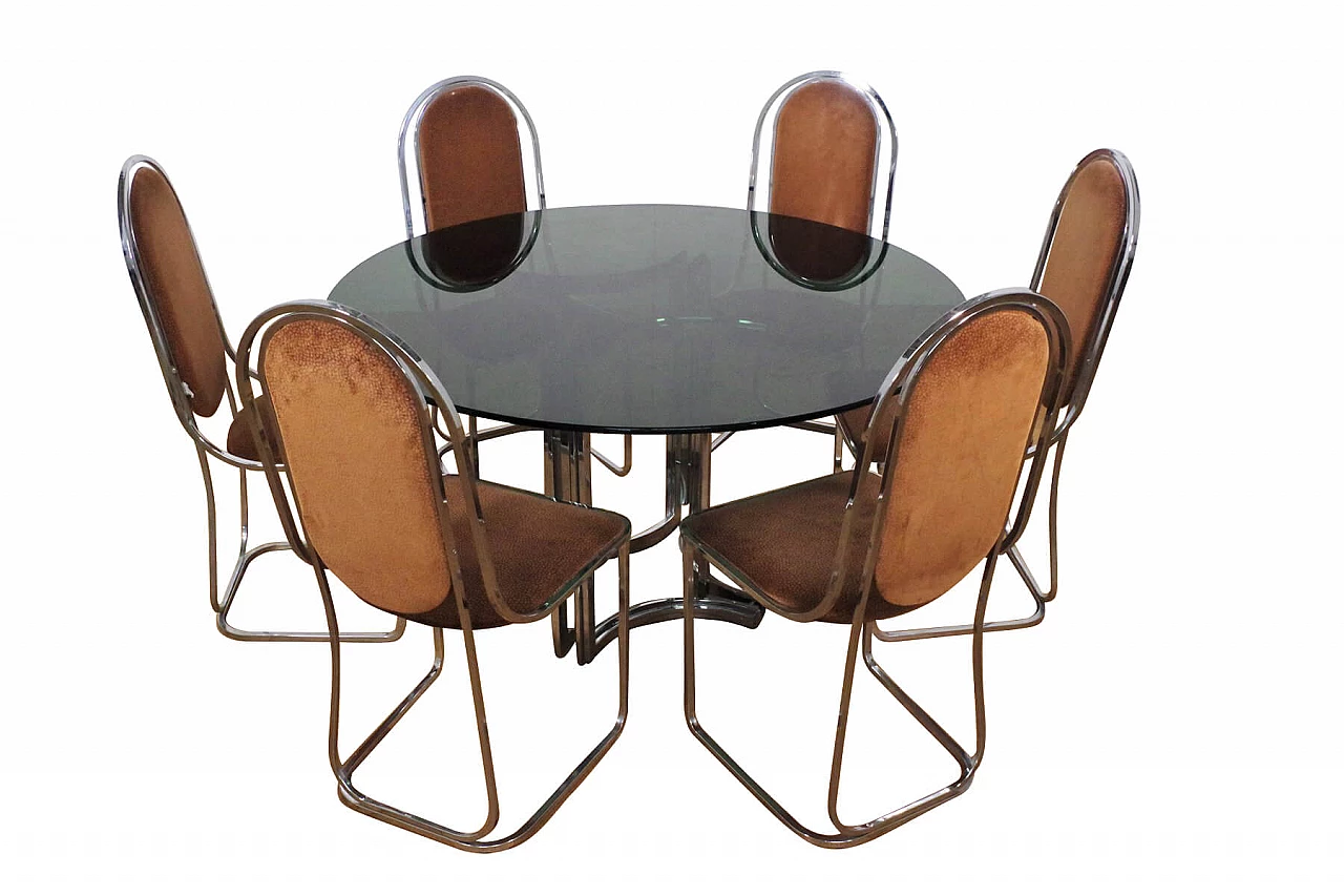 Table in metal and smoked glass top with 6 chairs in metal and fabric by Alessandro Albrizzi, 70s 1395667