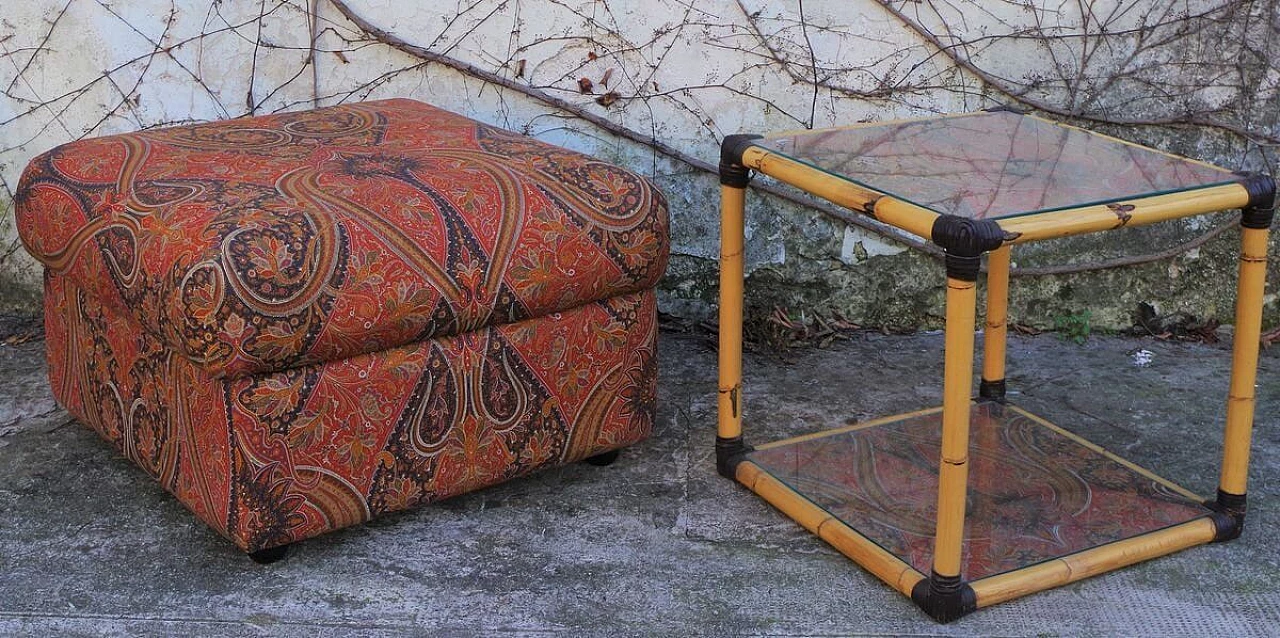 Coffee table in rattan with decorated glass top and pouf, 70s 1395895