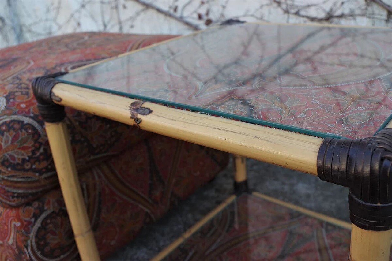 Coffee table in rattan with decorated glass top and pouf, 70s 1395901