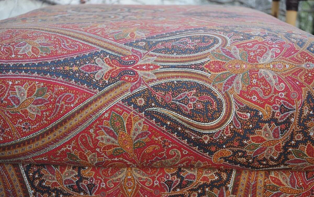 Coffee table in rattan with decorated glass top and pouf, 70s 1395905