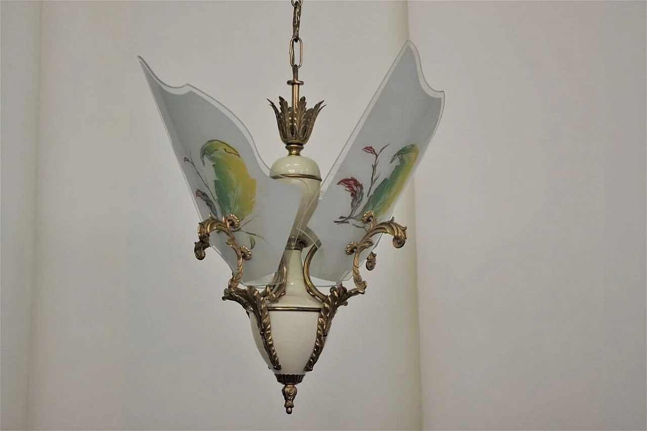 Chandelier in decorated glass, brass, plastic and aluminium, 50s 1395909