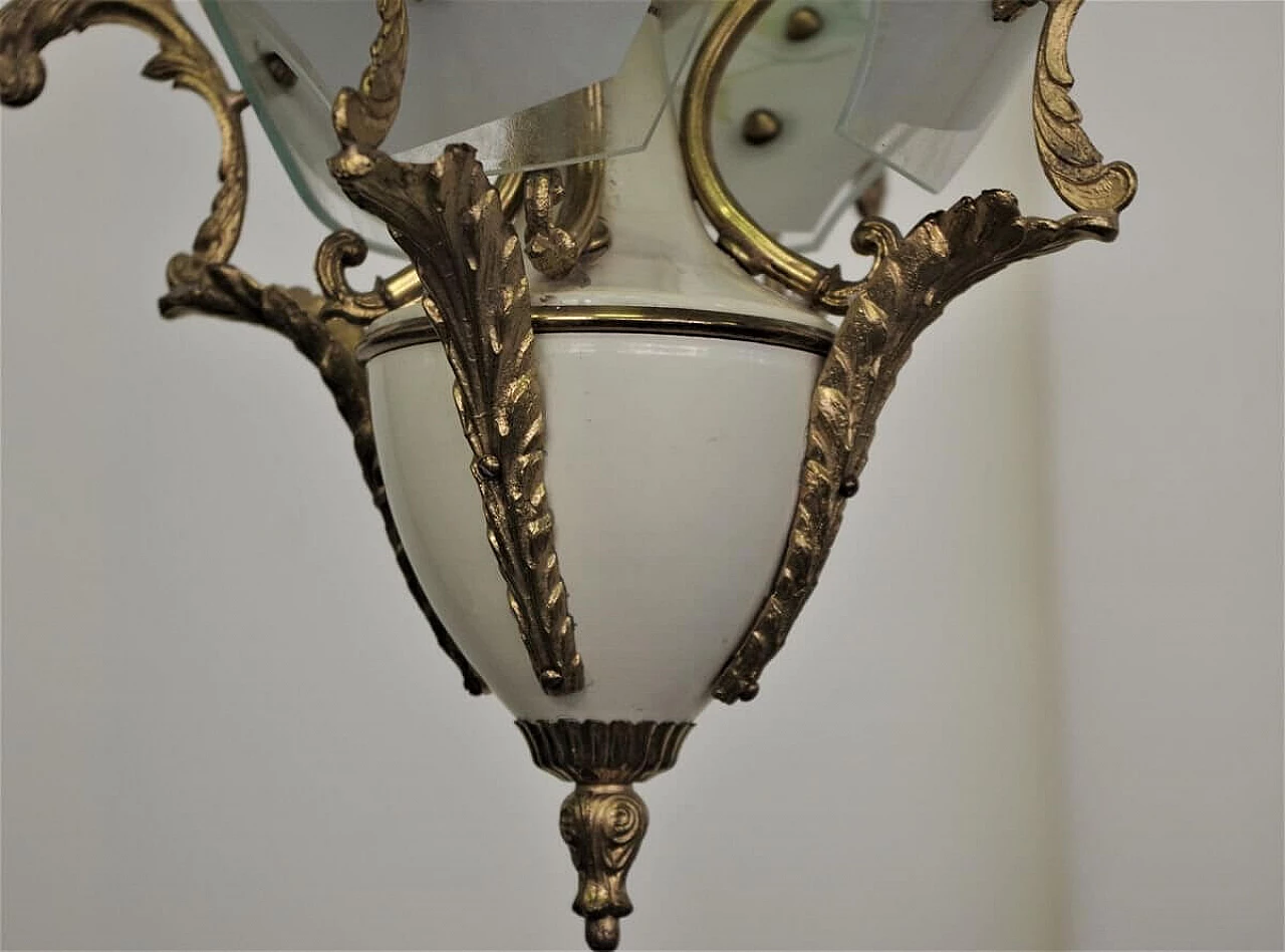 Chandelier in decorated glass, brass, plastic and aluminium, 50s 1395910