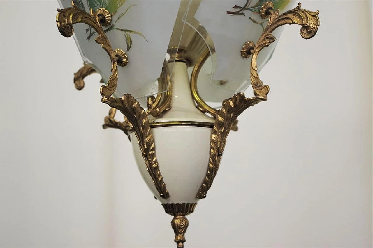 Chandelier in decorated glass, brass, plastic and aluminium, 50s 1395911