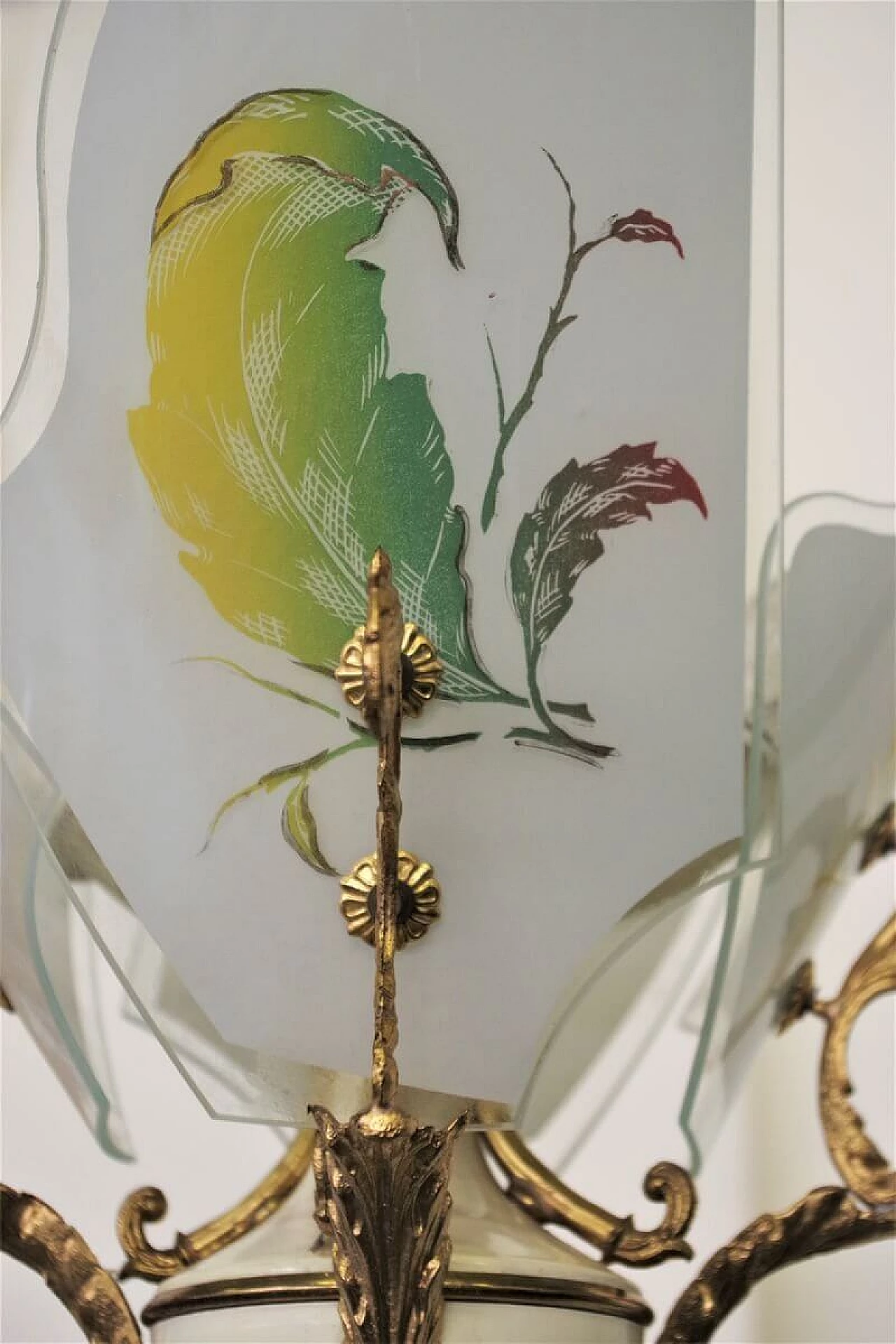 Chandelier in decorated glass, brass, plastic and aluminium, 50s 1395912
