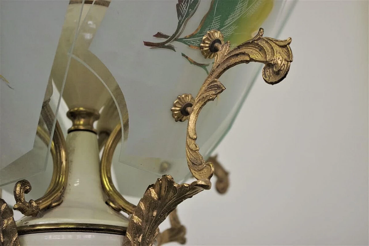 Lampadario in vetro decorato, ottone, plastica e alluminio, anni '50 1395913