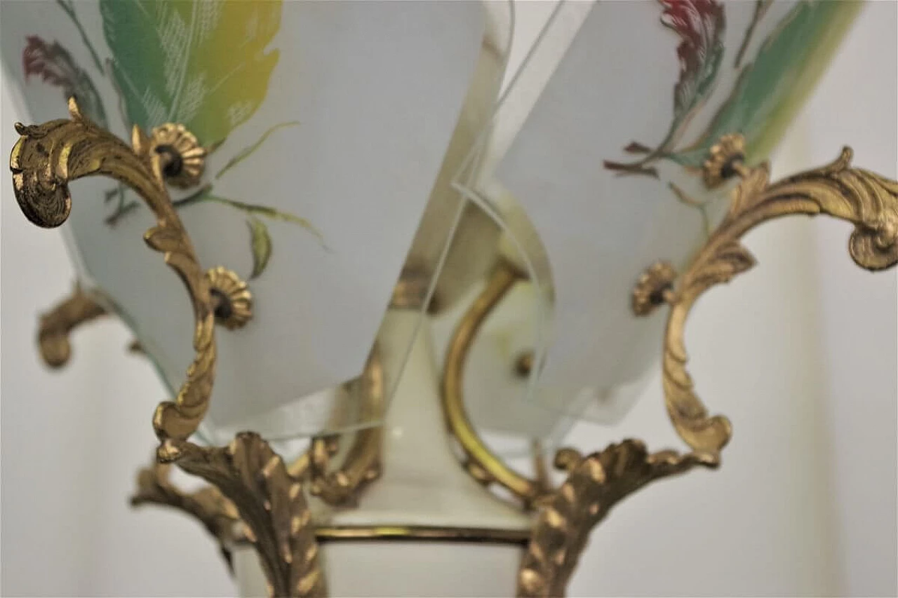 Chandelier in decorated glass, brass, plastic and aluminium, 50s 1395914