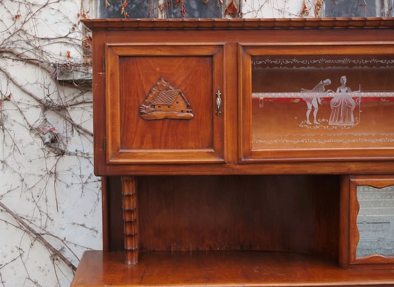 Vetrina in faggio, ottone e vetri decorati, anni '50 1396056
