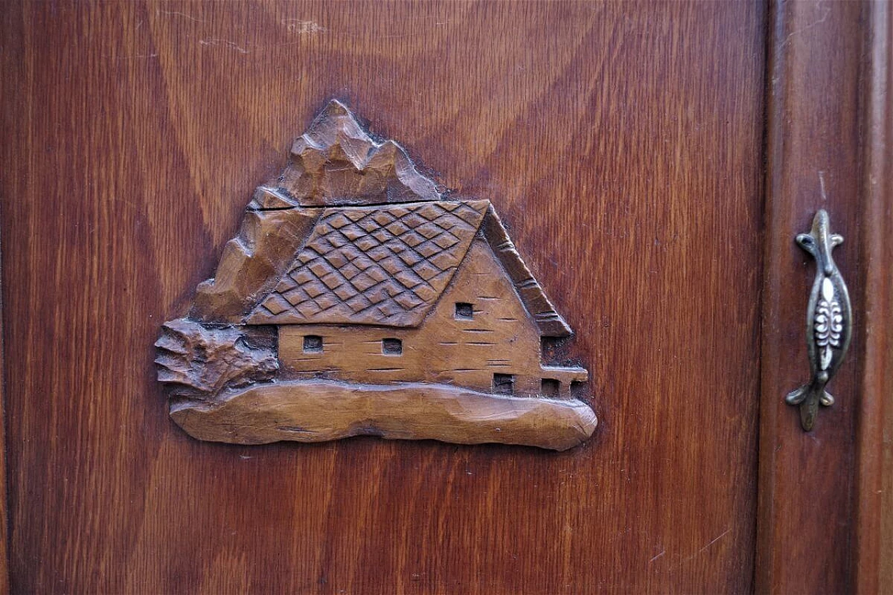 Vetrina in faggio, ottone e vetri decorati, anni '50 1396060