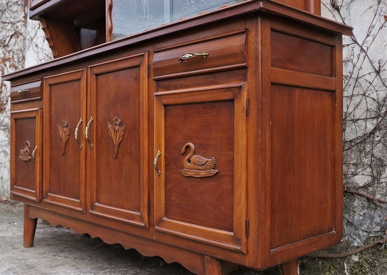 Vetrina in faggio, ottone e vetri decorati, anni '50 1396068