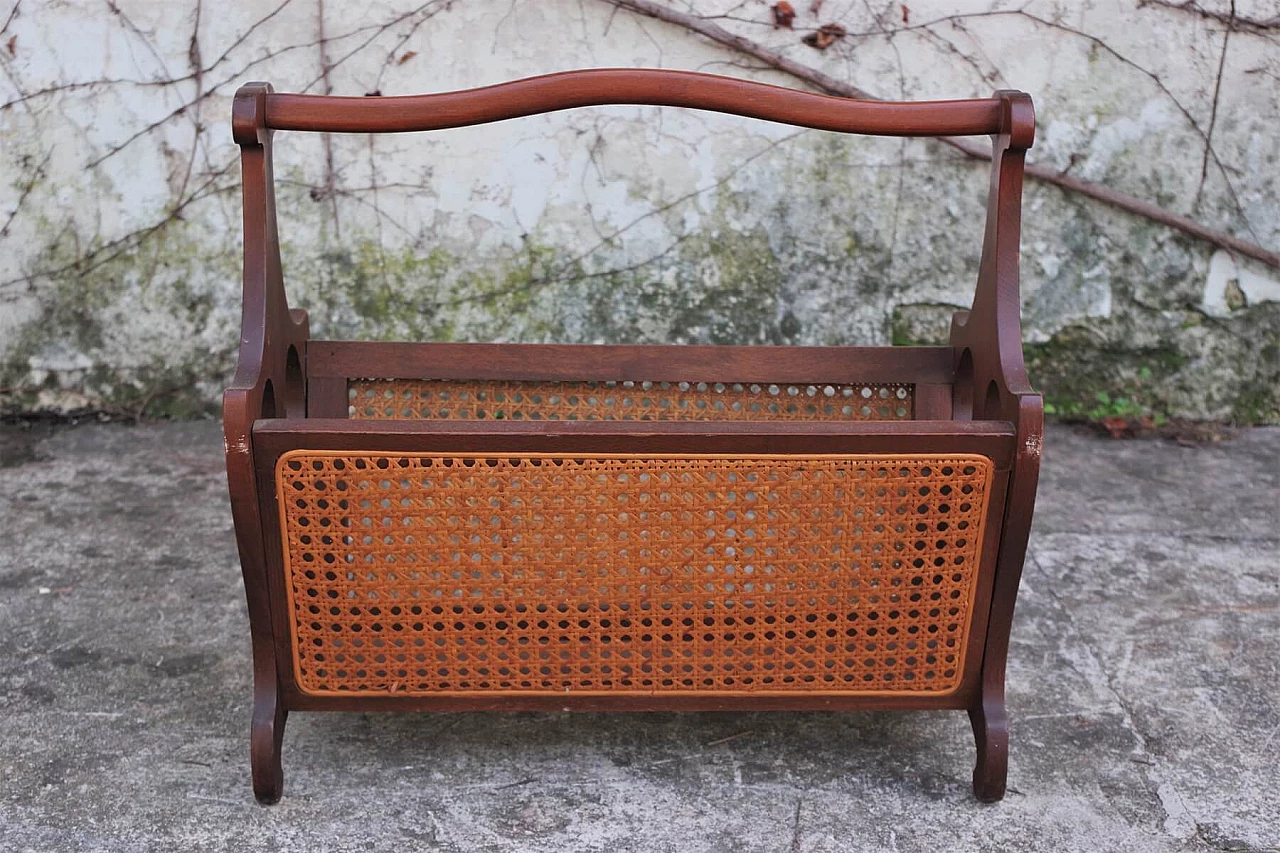 Magazine rack with revolving handle in wood and Vienna straw, 50s 1396215