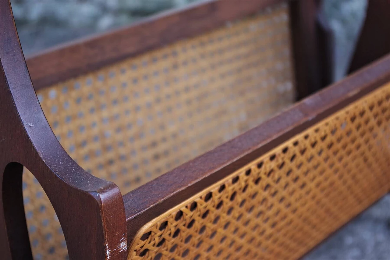 Magazine rack with revolving handle in wood and Vienna straw, 50s 1396219