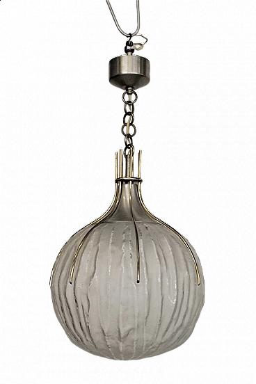 Lampadario a sfera in vetro e ottone, anni '50