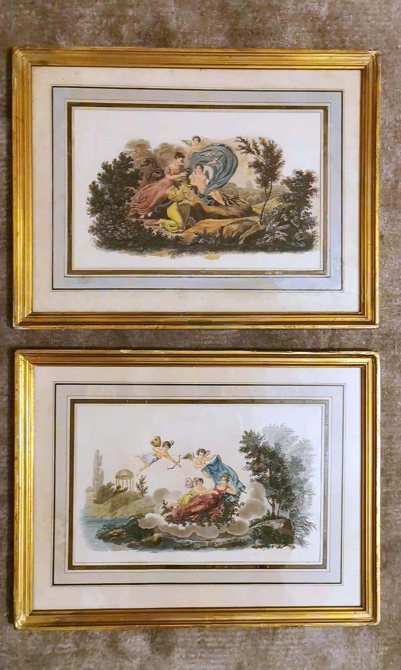 Nargeol Adrien, coppia di stampe dipinte ad acquerello con cornici dorate, '800 1396315