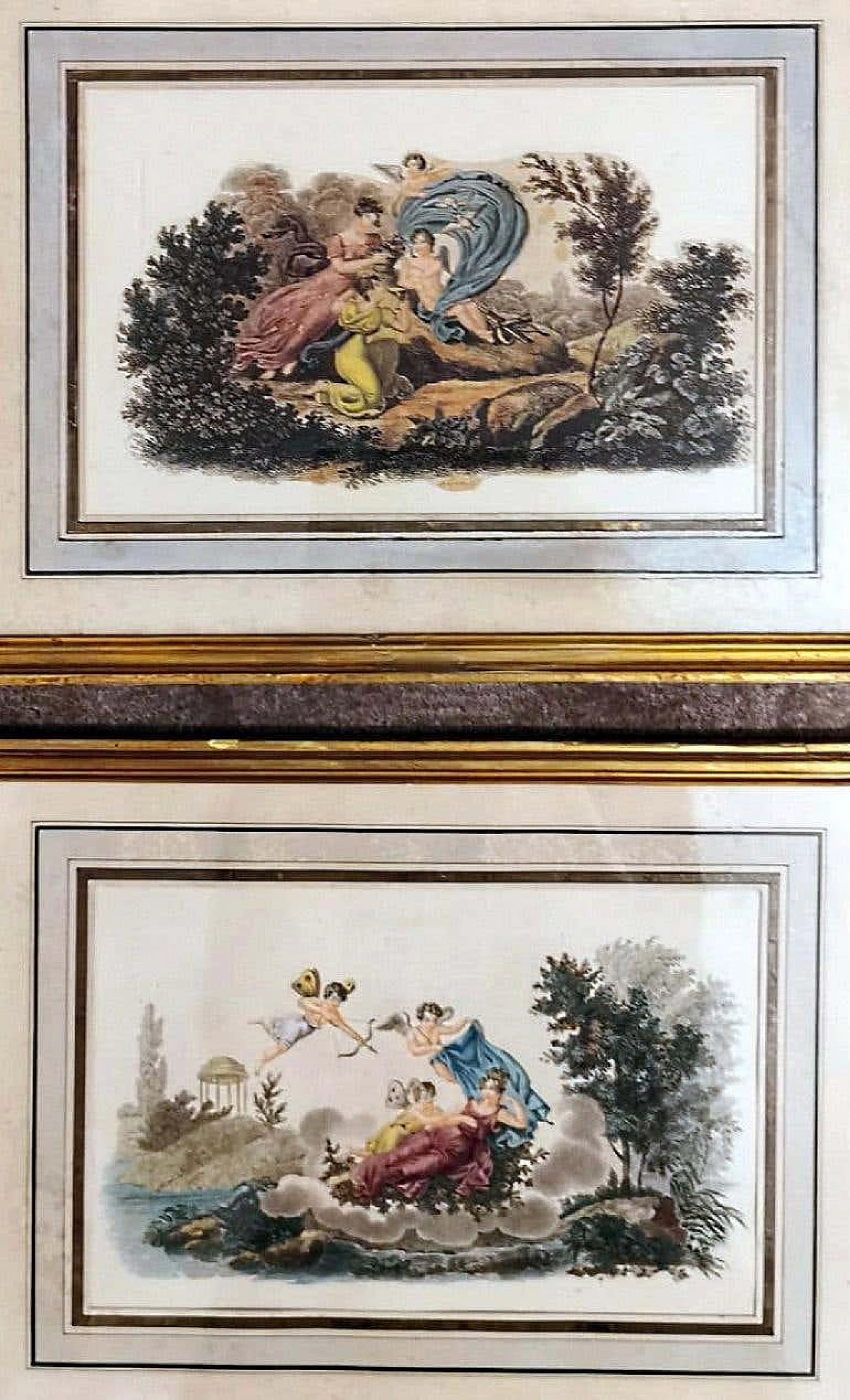 Nargeol Adrien, coppia di stampe dipinte ad acquerello con cornici dorate, '800 1396316