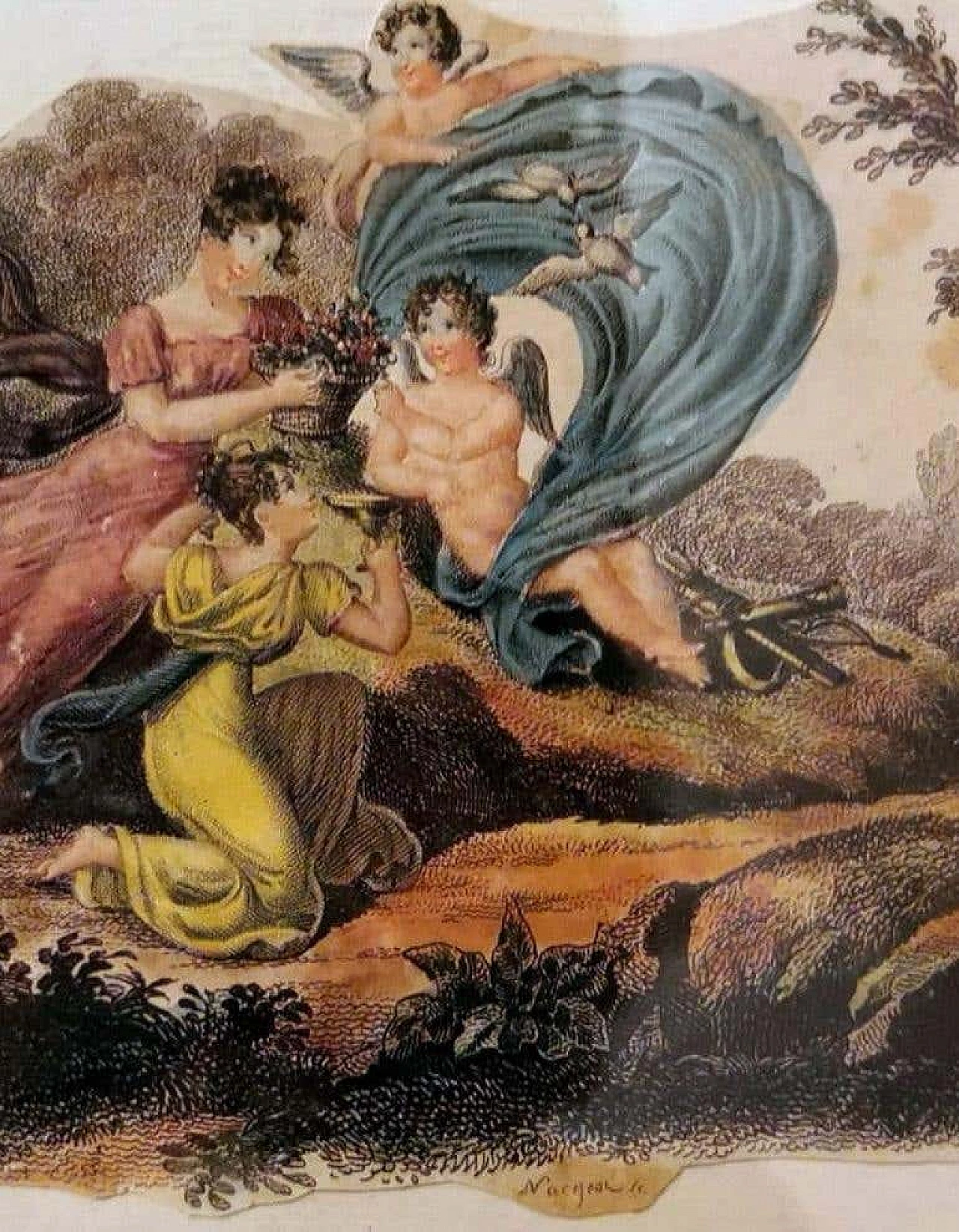 Nargeol Adrien, coppia di stampe dipinte ad acquerello con cornici dorate, '800 1396325