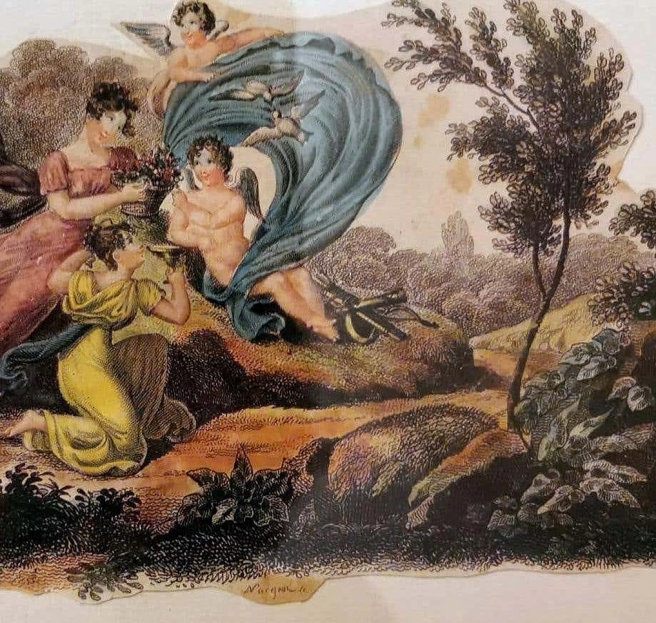 Nargeol Adrien, coppia di stampe dipinte ad acquerello con cornici dorate, '800 1396326