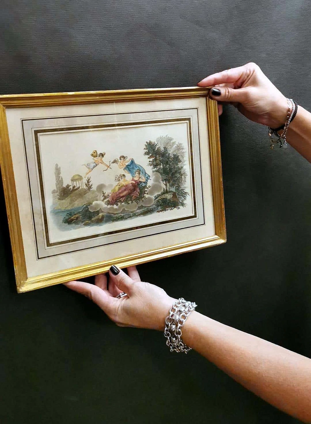 Nargeol Adrien, coppia di stampe dipinte ad acquerello con cornici dorate, '800 1396330