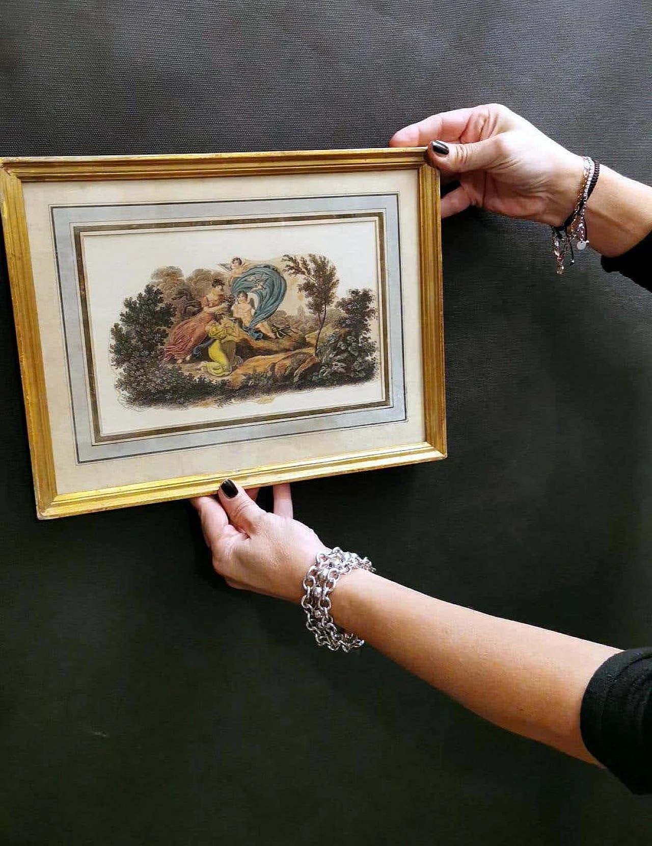 Nargeol Adrien, coppia di stampe dipinte ad acquerello con cornici dorate, '800 1396331