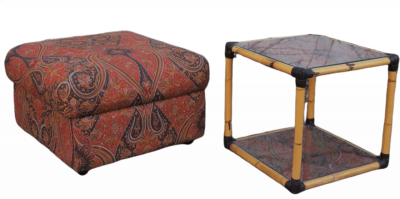 Tavolino in rattan con piano in vetro decorato e pouf, anni ‘70 1396520