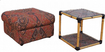 Coffee table in rattan with decorated glass top and pouf, 70s