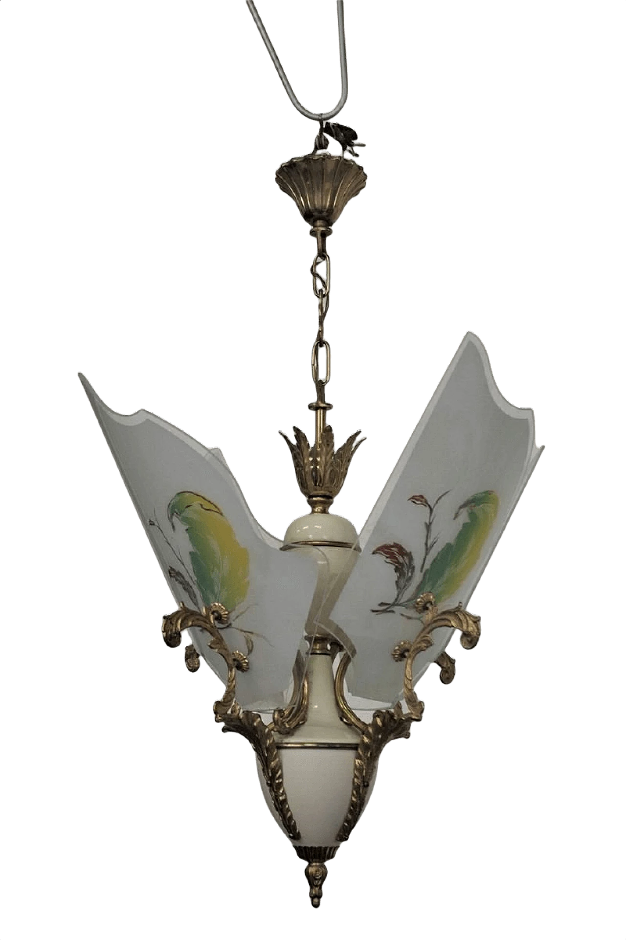 Chandelier in decorated glass, brass, plastic and aluminium, 50s 1396521