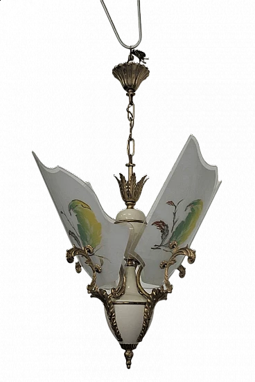 Chandelier in decorated glass, brass, plastic and aluminium, 50s