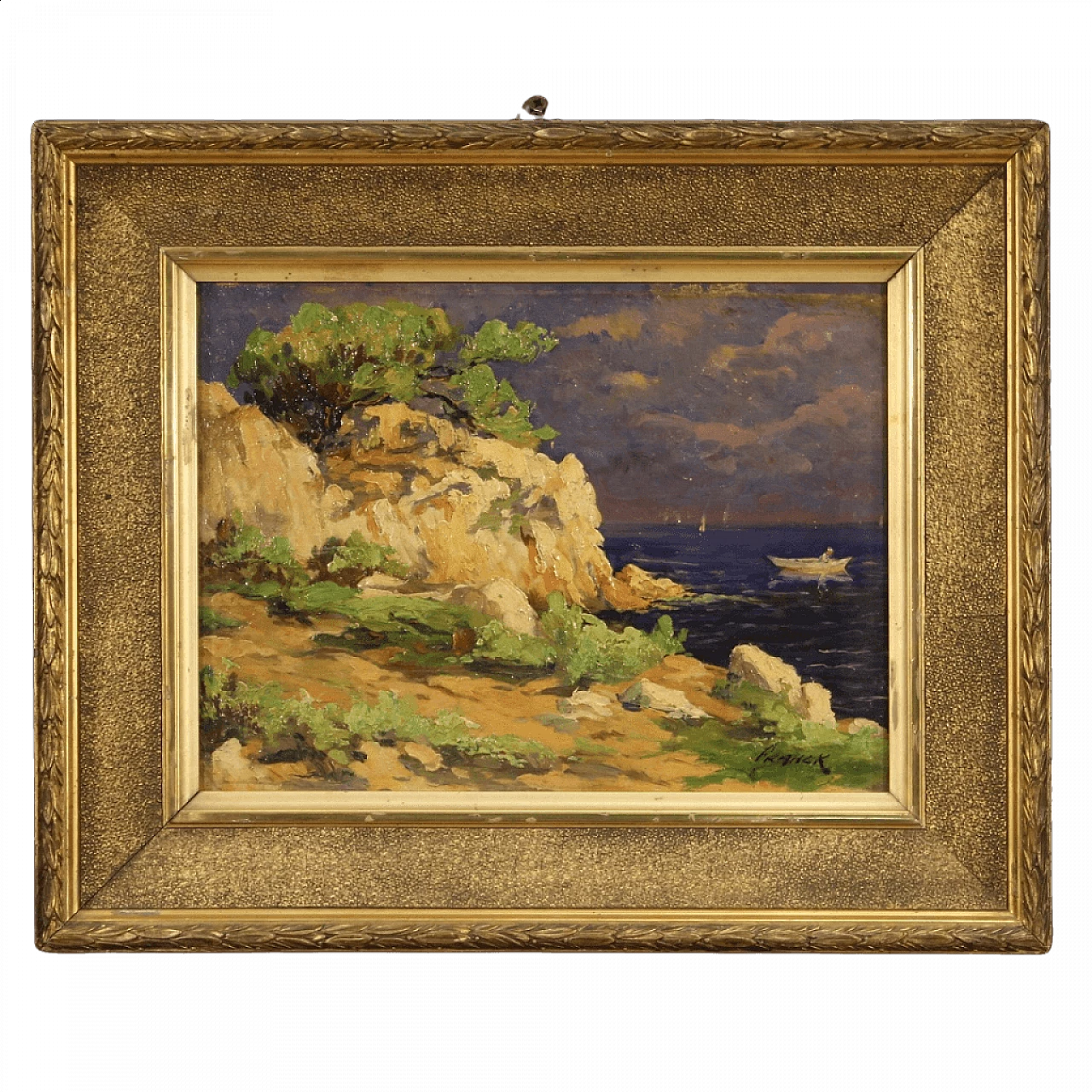 Cliff with boats, French oil painting on cardboard, early 20th century 1396545
