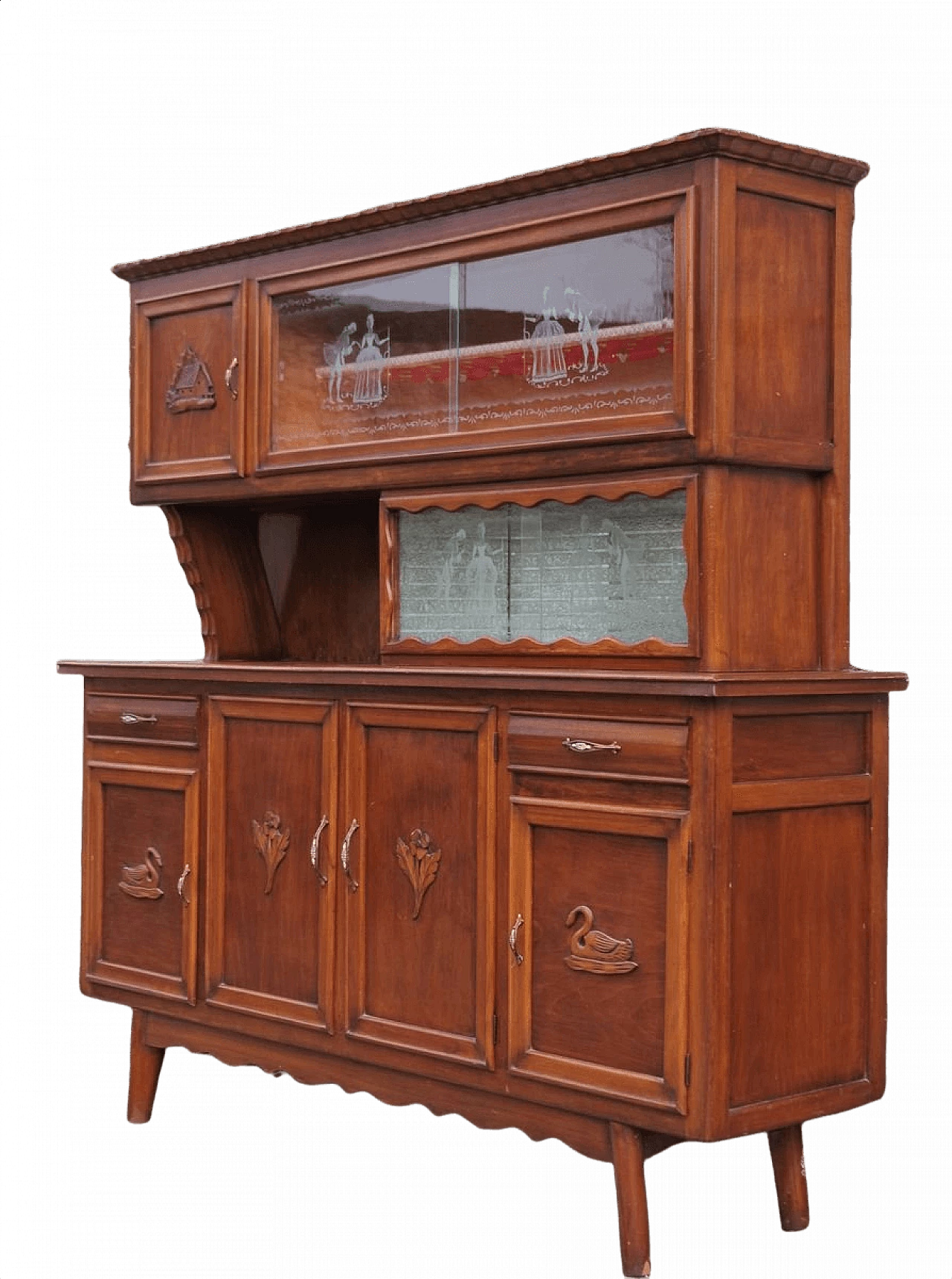 Vetrina in faggio, ottone e vetri decorati, anni '50 1396610