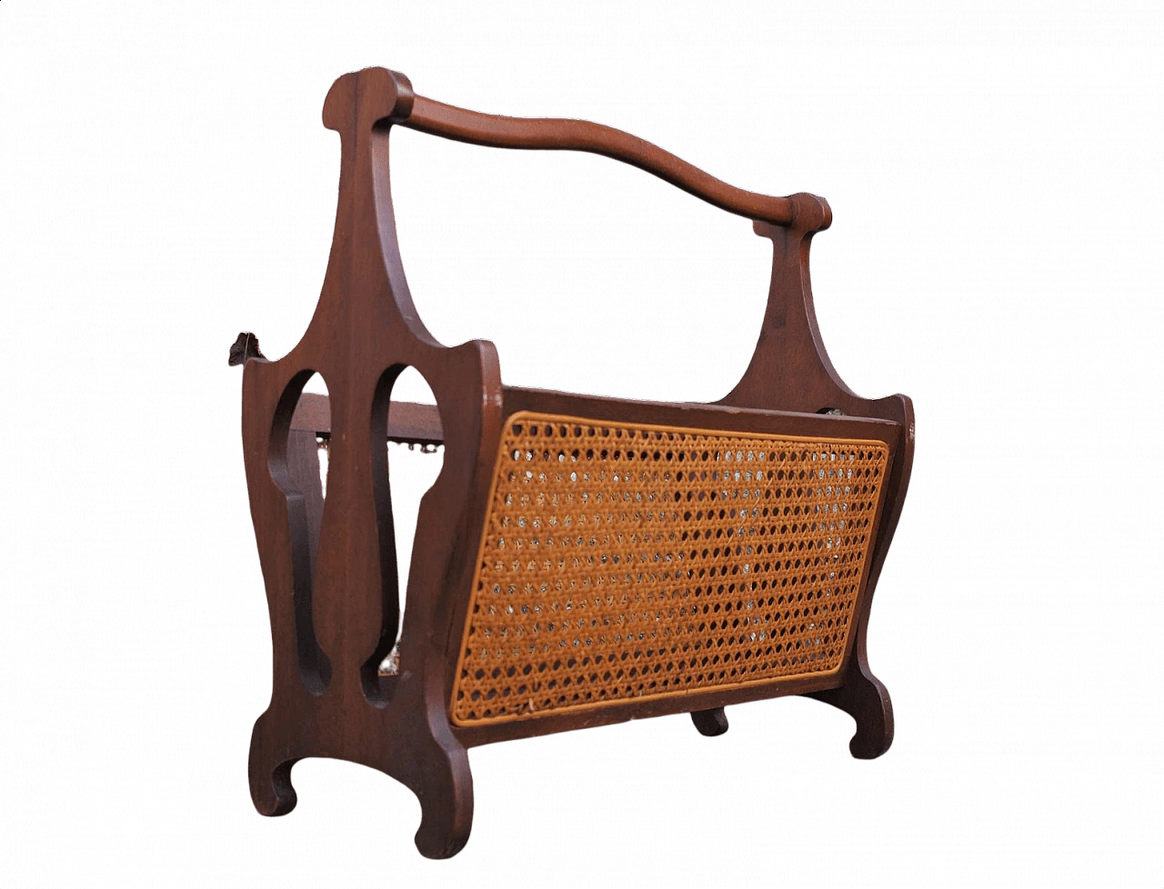 Magazine rack with revolving handle in wood and Vienna straw, 50s 1396635