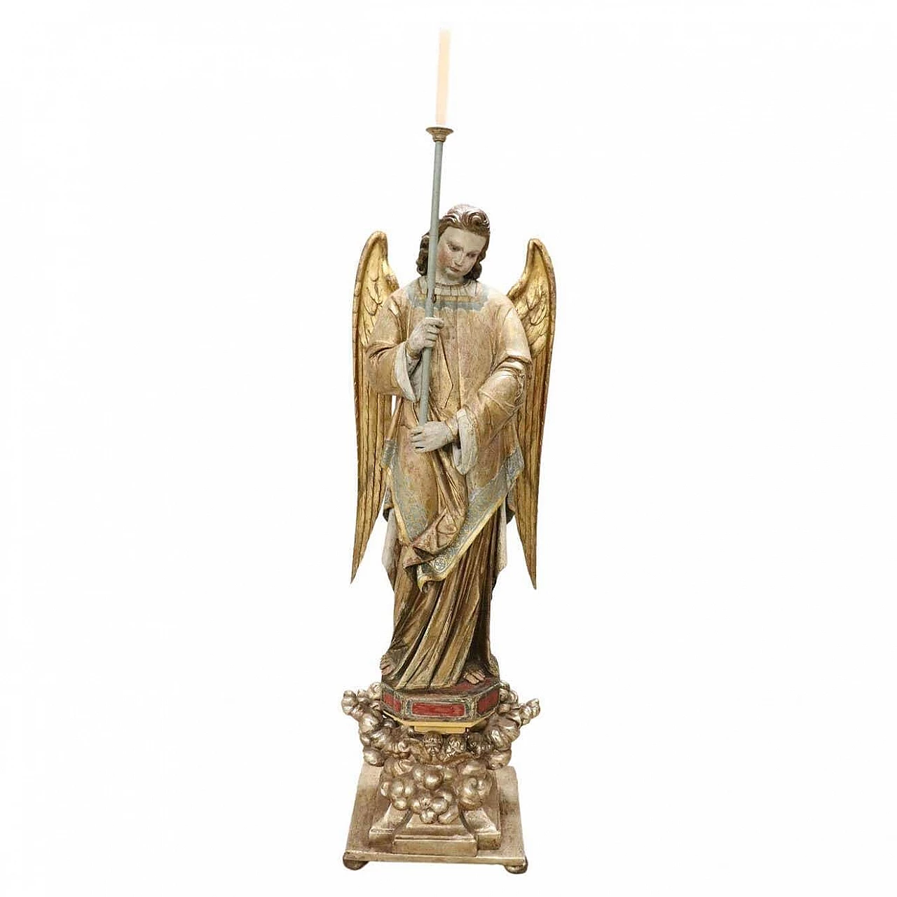 Angelo con portacero, scultura in legno intagliato e dorato, '800 1396646