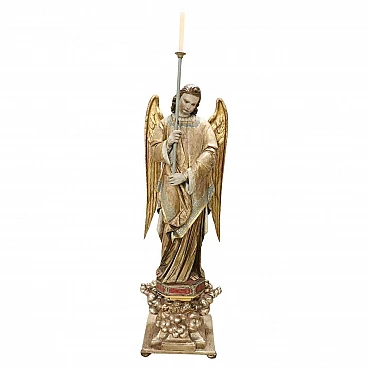 Angel with candle holder, carved and gilded wooden sculpture, 19th century