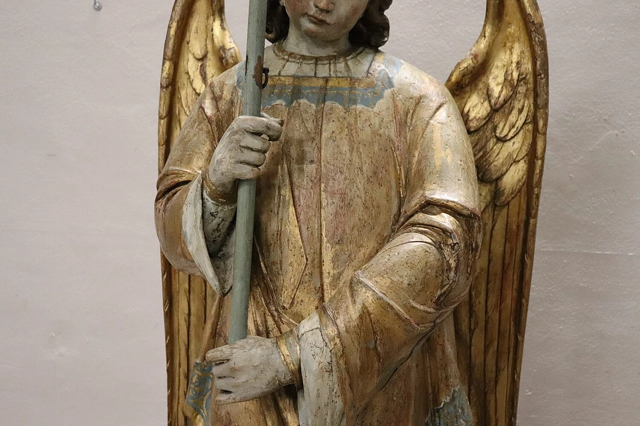 Angelo con portacero, scultura in legno intagliato e dorato, '800 1396649