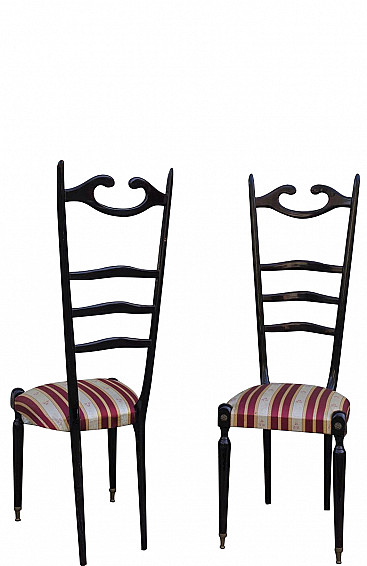Coppia di sedie Chiavarine in mogano con seduta in tessuto di Paolo Buffa, anni '50
