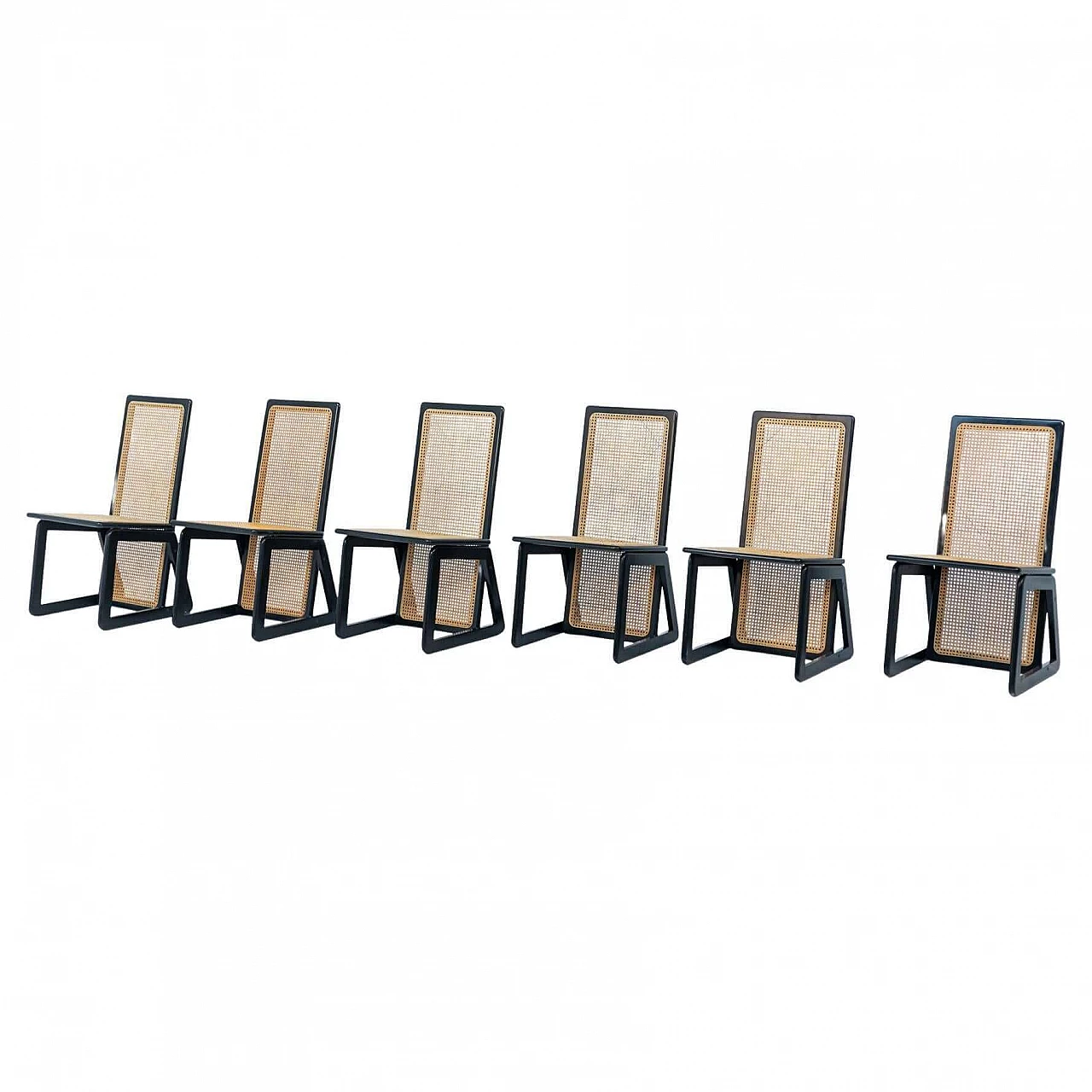 6 Sedie in paglia di Vienna e legno nero, anni '70 1397779