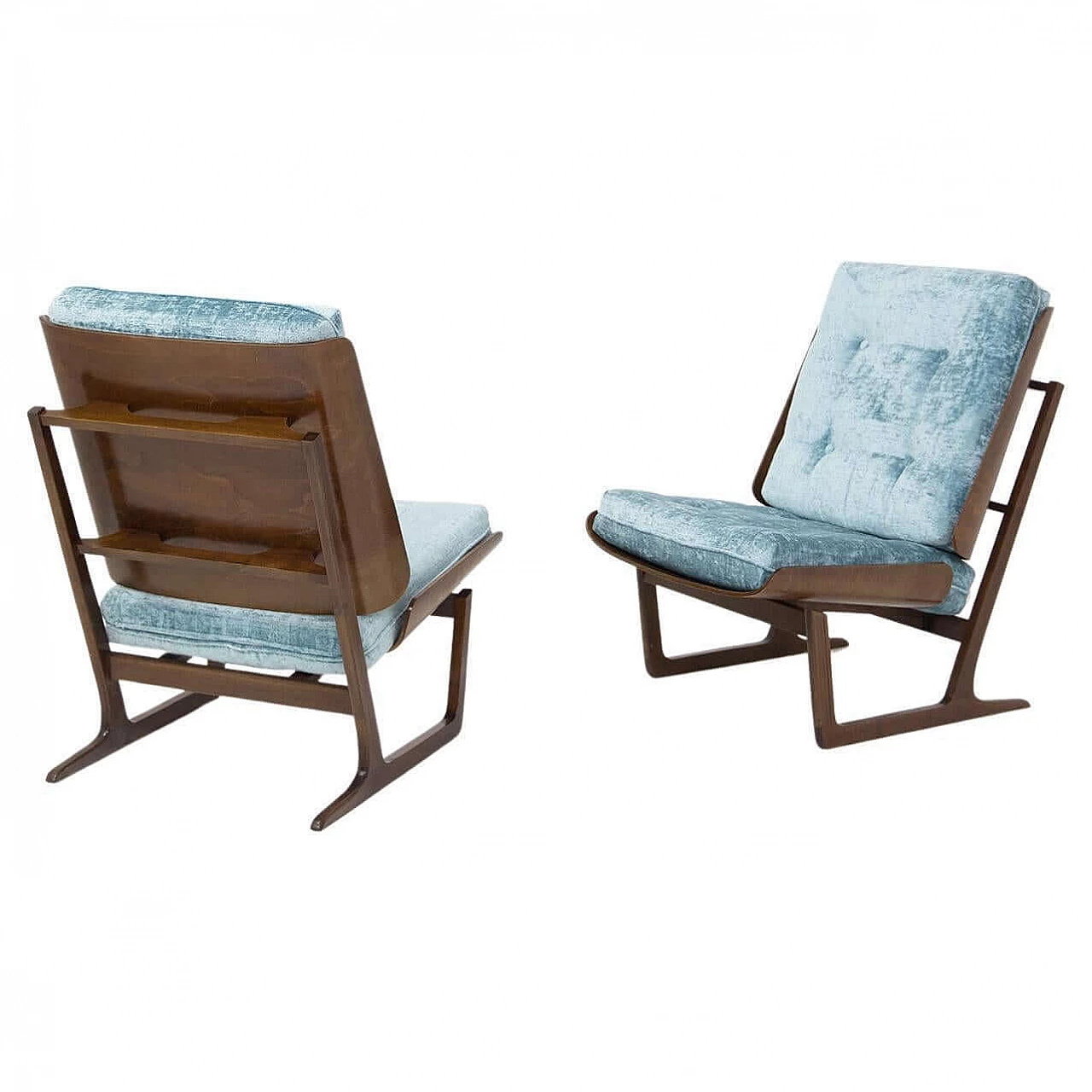 Pair of wooden and light blue velvet armchairs, 1960s 1397819