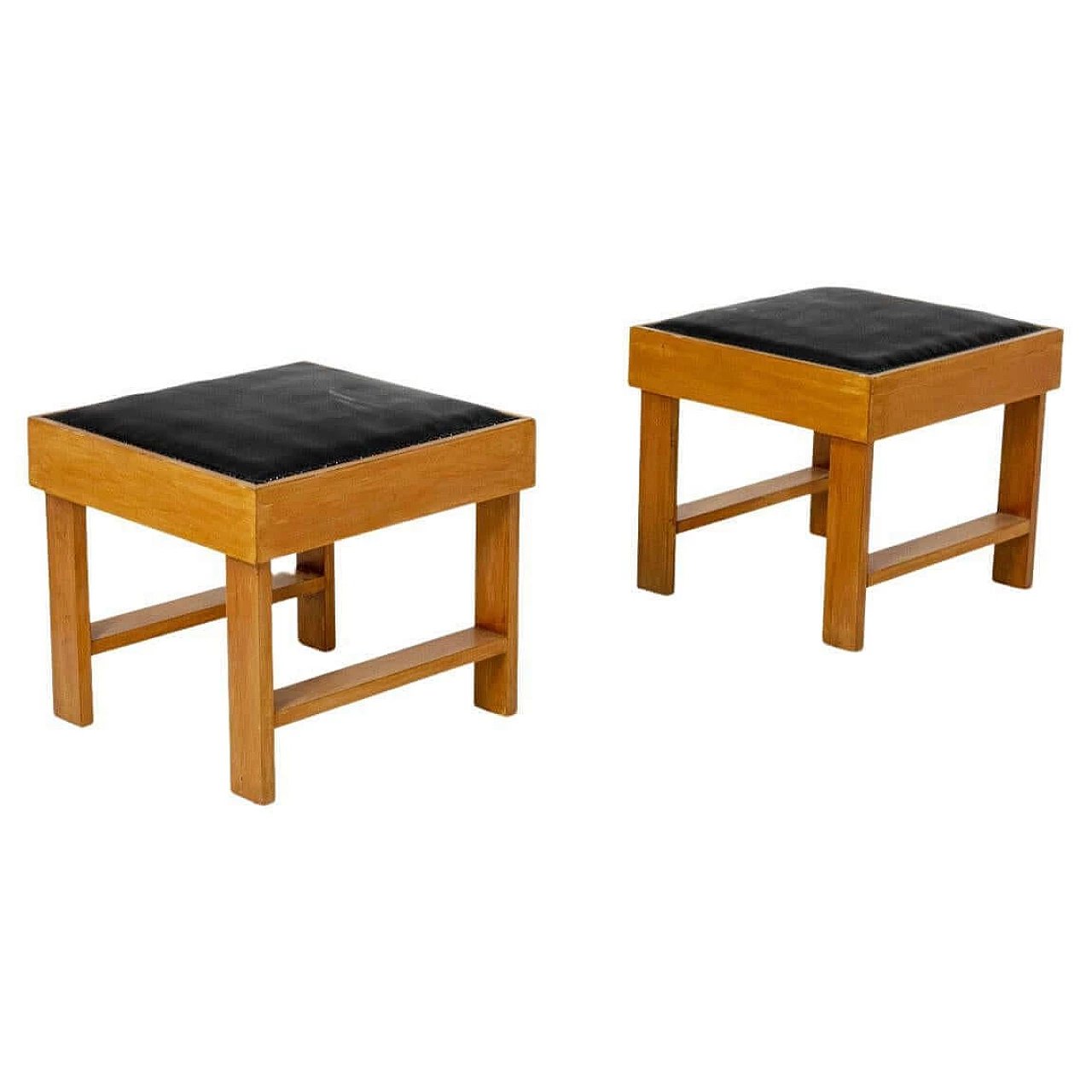 Pair of stools attributed to BBPR in wood and black leather, 1950s 1397844
