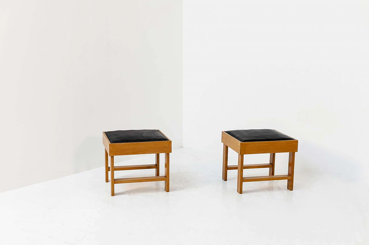 Pair of stools attributed to BBPR in wood and black leather, 1950s 1397845