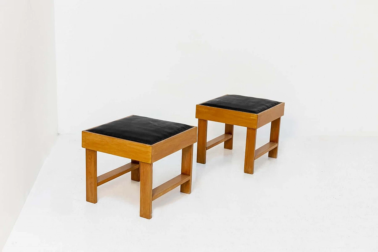 Pair of stools attributed to BBPR in wood and black leather, 1950s 1397846