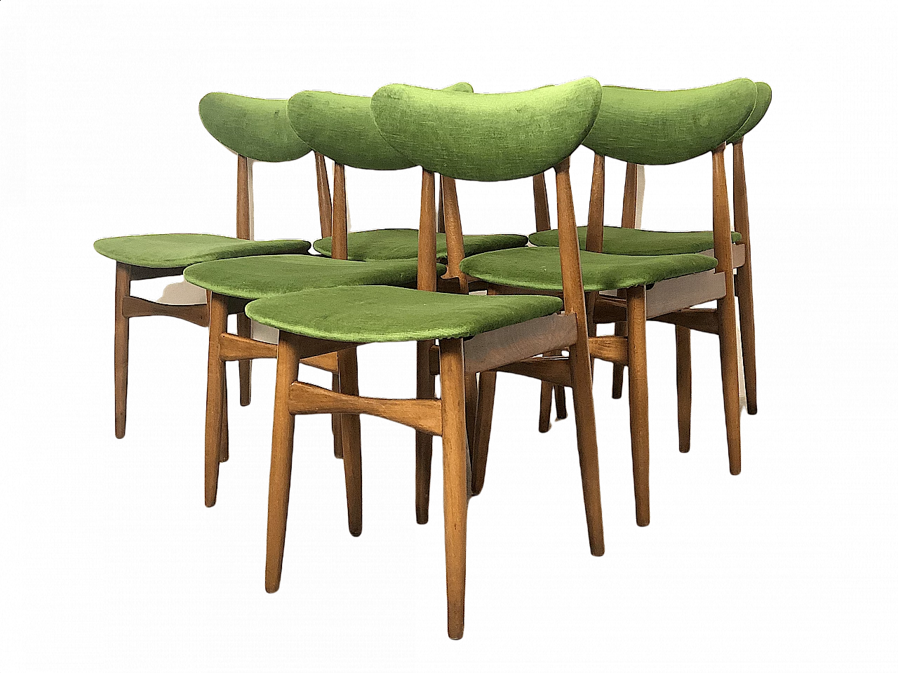 6 Sedie scandinave in faggio e velluto verde, anni '60 1398873