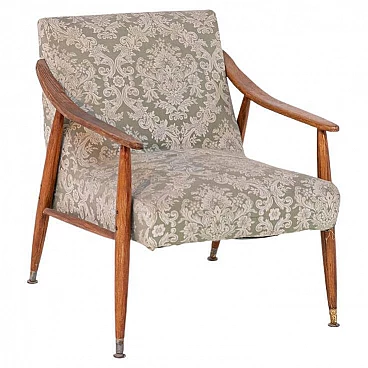 Wooden armchair with damask fabric cover, 1950s