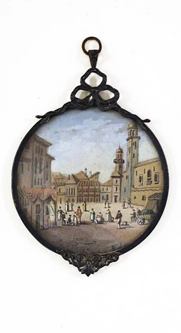 Miniature with a view of a town in a silver frame, 19th century