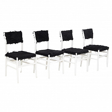 4 Leggera chairs by Gio Ponti in white wood and black synthetic fur, 1950s