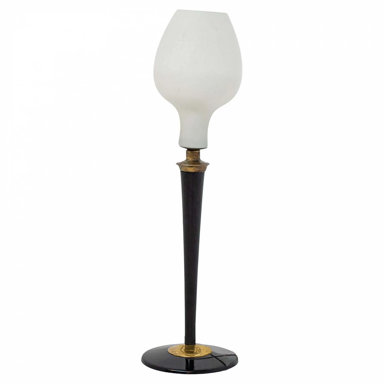 Opal glass table lamp with wood and brass frame, 1950s 1400572