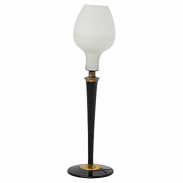 Opal glass table lamp with wood and brass frame, 1950s